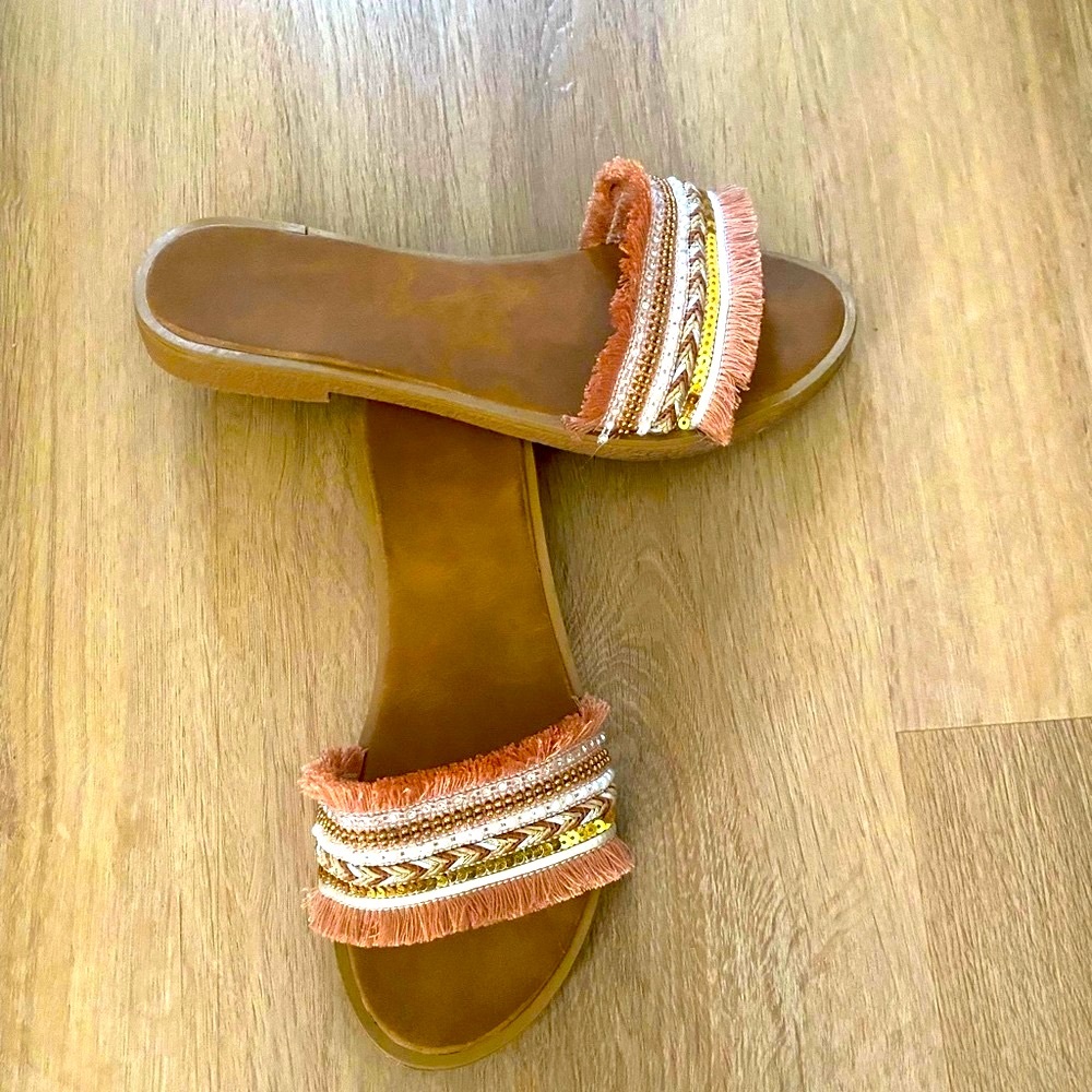 Sequined Fringe Band Flat Slide Sandals- size 39